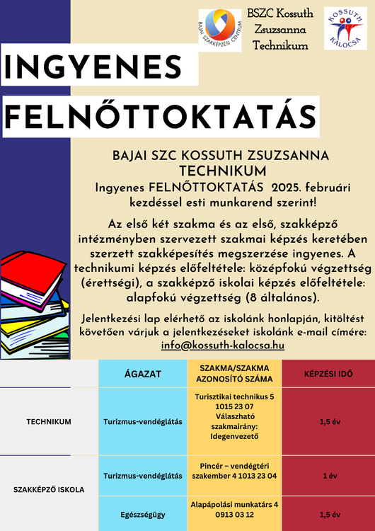 Ingyenes FELNŐTTOKTATÁS 2025. februári kezdéssel esti munkarend szerint